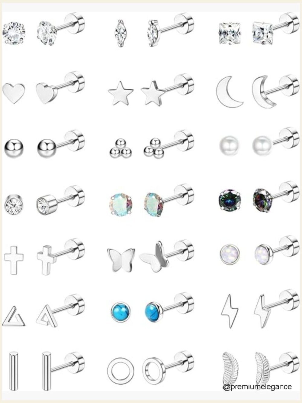 21 Pairs Hypoallergenic Flat Back Stud Earrings Set Surgical Steel Screw Back
